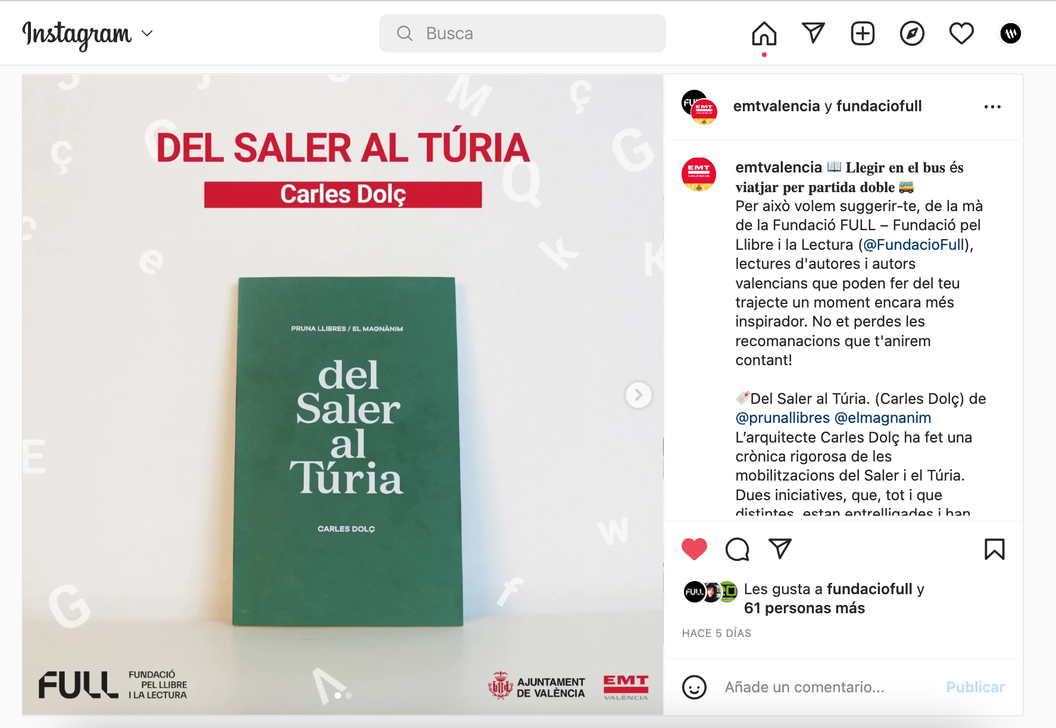 La Fundació pel Llibre i la Lectura i EMT València recomanen «Del Saler al Túria» de Carles Dolç