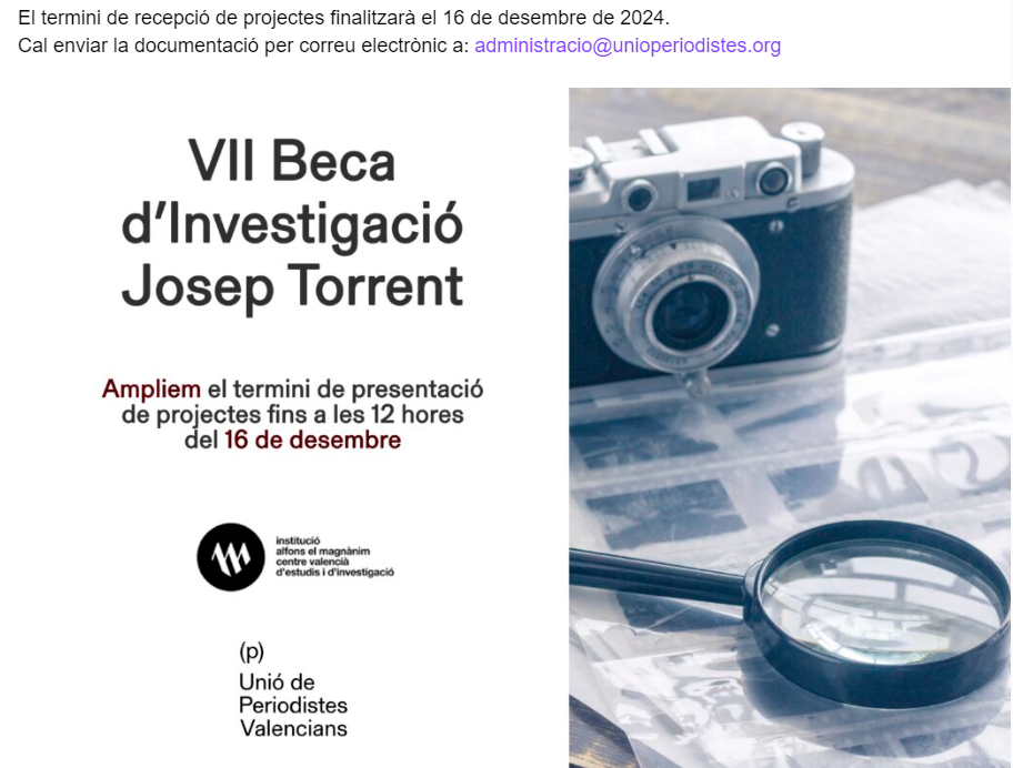 Ampliat el termini d'inscripció per a la VII edició de la Beca de Periodisme d'Investigació Josep Torrent